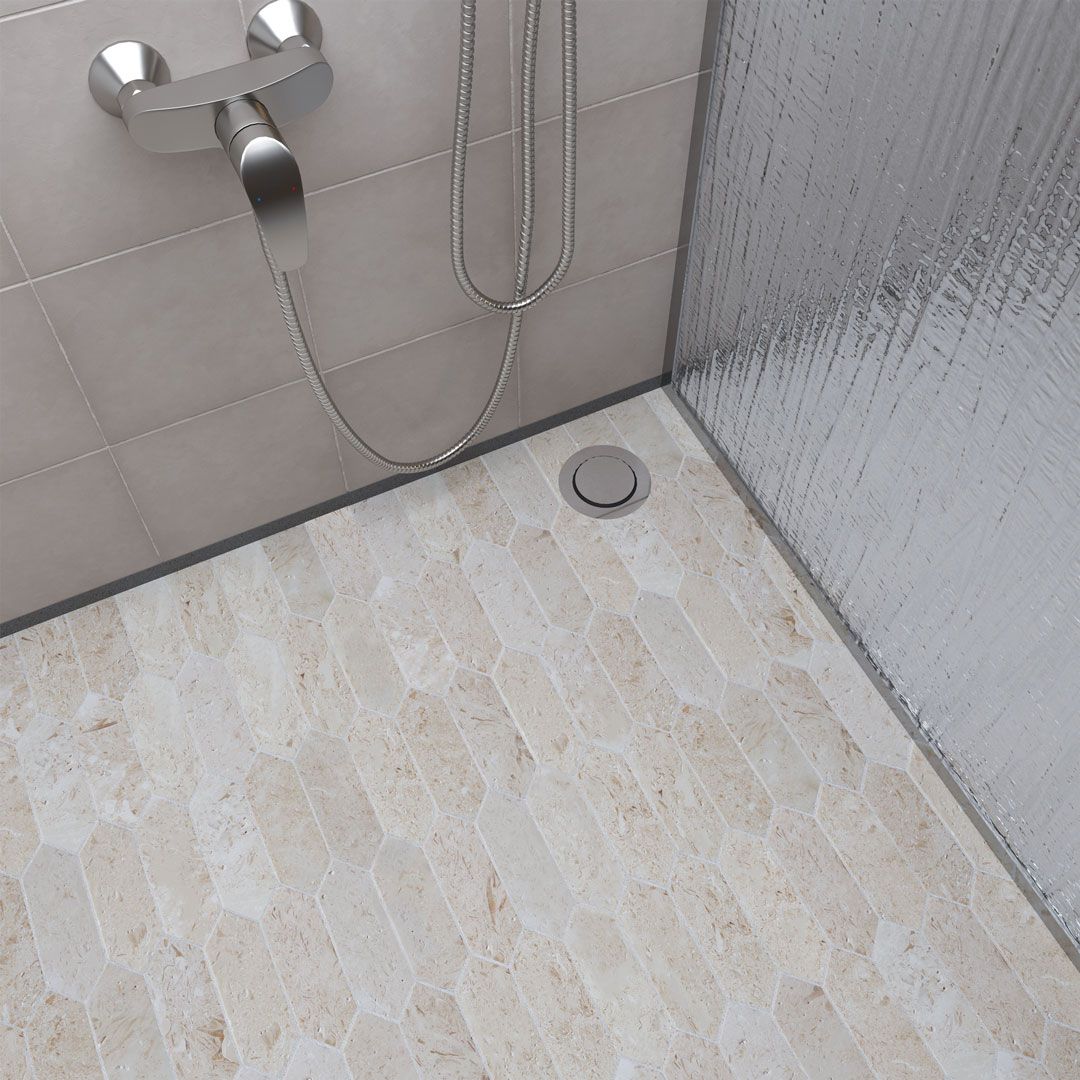 Shellstone brushed limestone picket mosaic sheet in warm cream with fine fossil flecking