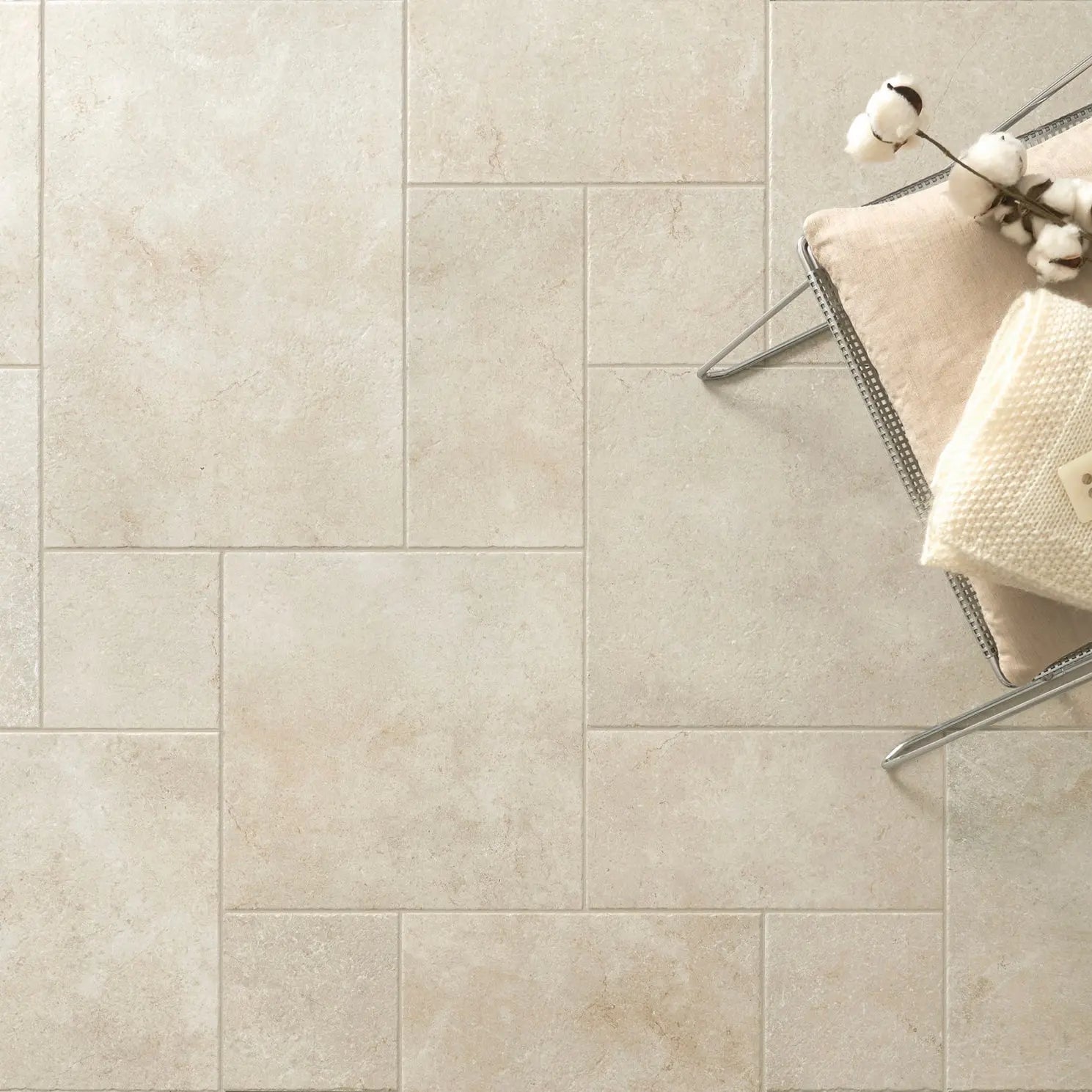 Pietro Linen stone effect modular floor tiles in a light interior