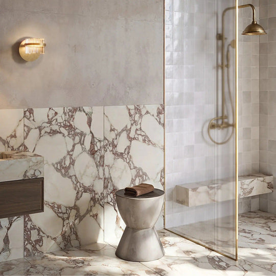Novara Viola marble effect porcelain tile 60 x 120cm shown in a room setting