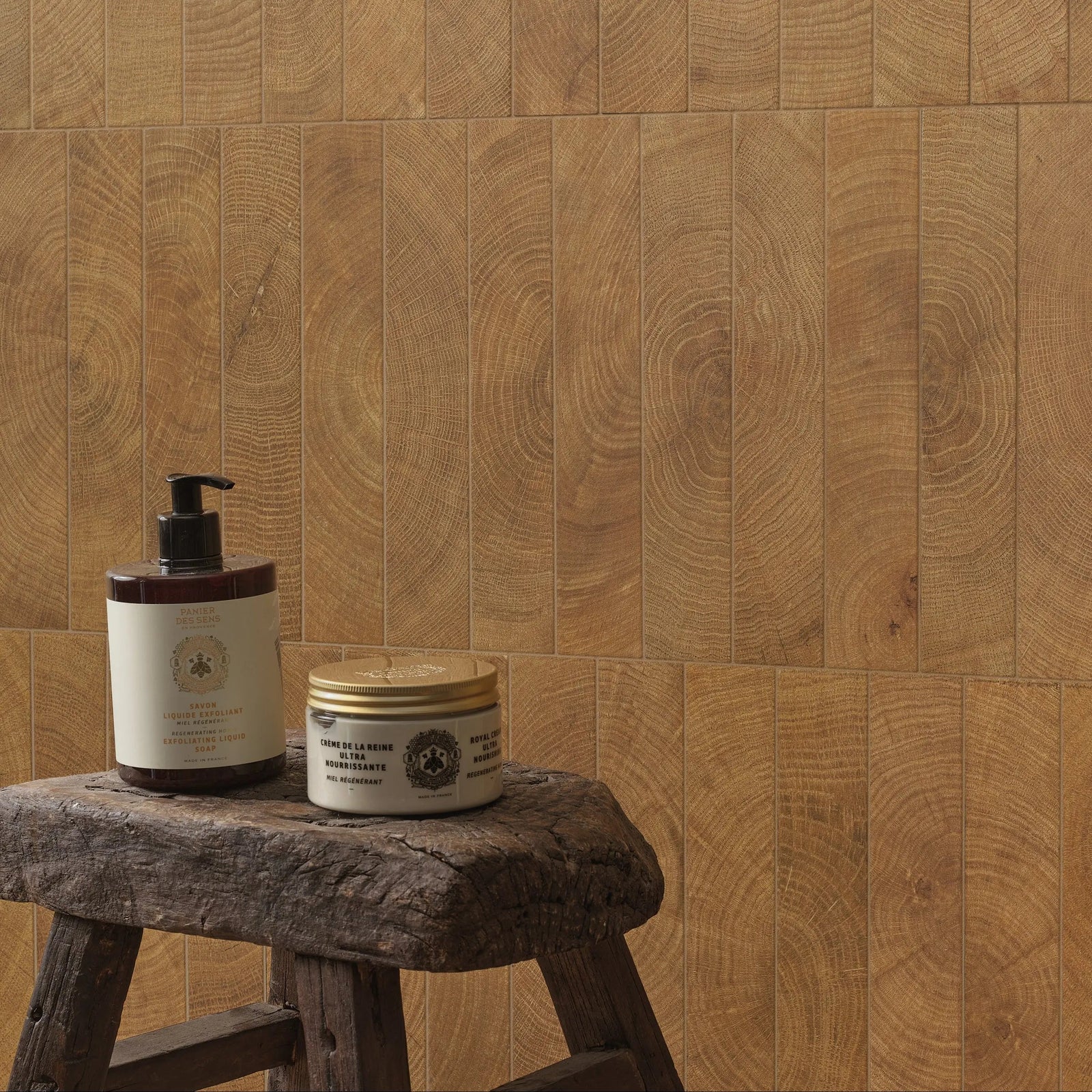 Fraser Walnut 5.3 x 30cm Porcelain Tile in a bathroom setting