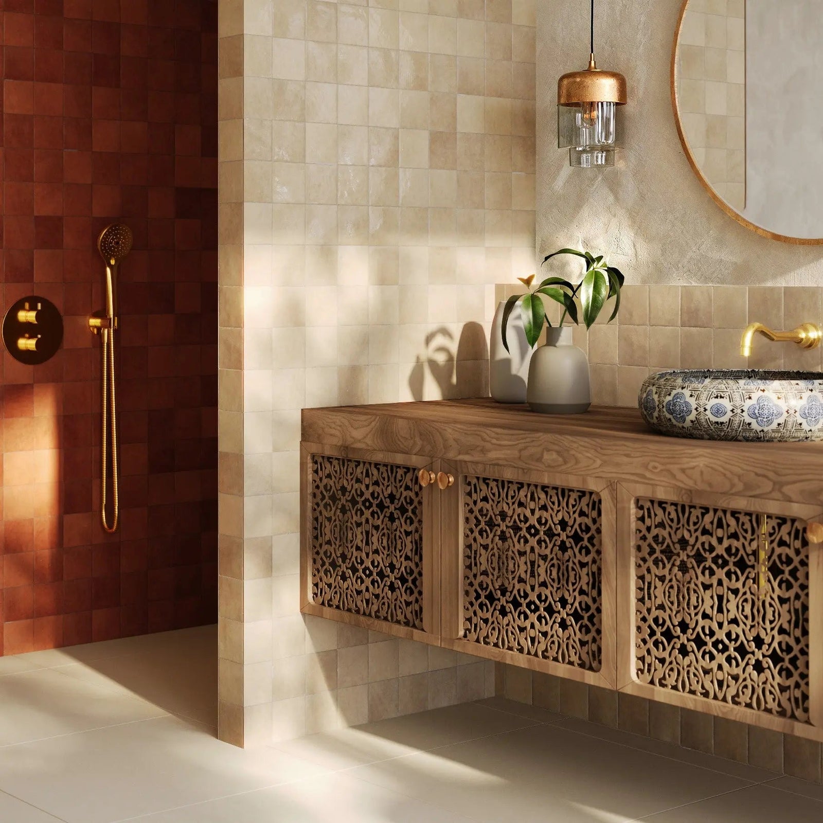 Taza Oat 10 x 10cm Ceramic Tile in a bathroom setting