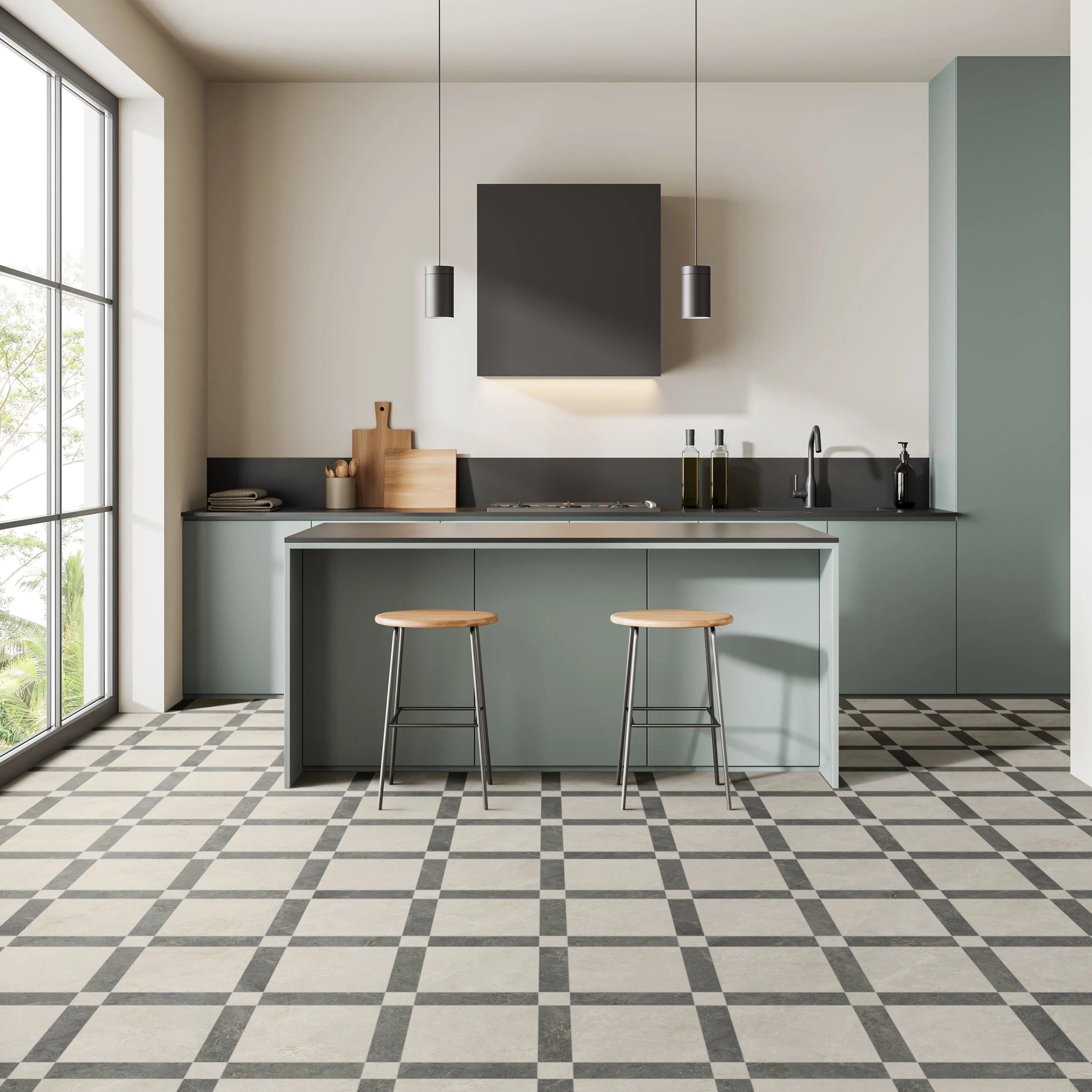 Atlas Coal dark stone-effect porcelain tiles in a bathroom