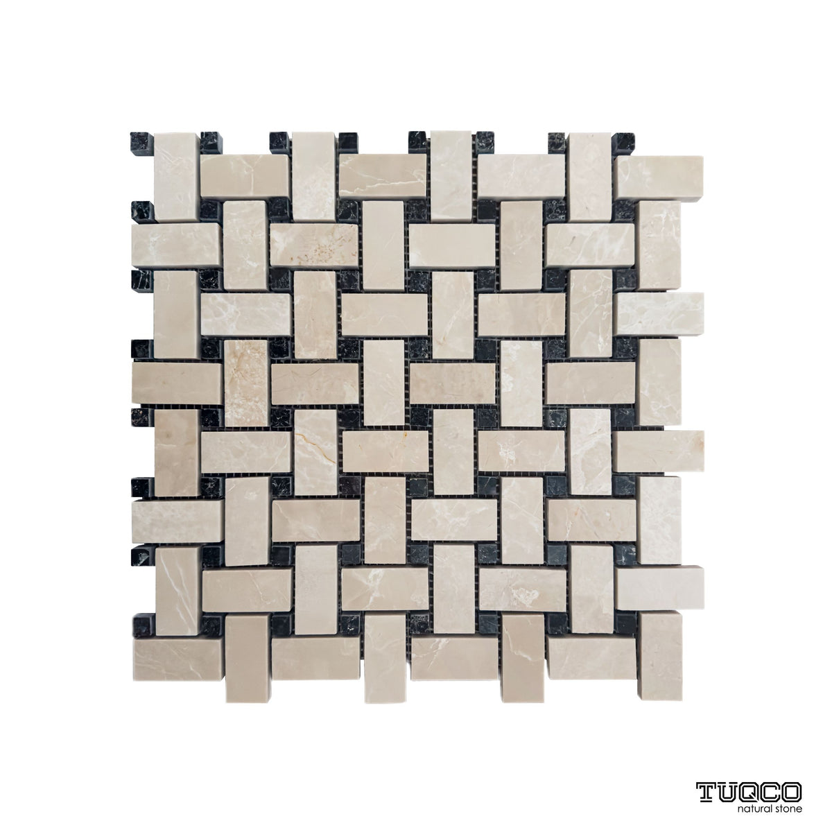 Full mesh-backed sheet of polished beige marble basket weave mosaic
