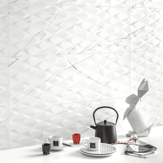 Muse White Prisma Decor 30 x 60cm ceramic marble effect tile room setting
