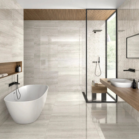 Pure Travertine Grey Gloss 30 x 60cm glazed ceramic stone effect tile room setting