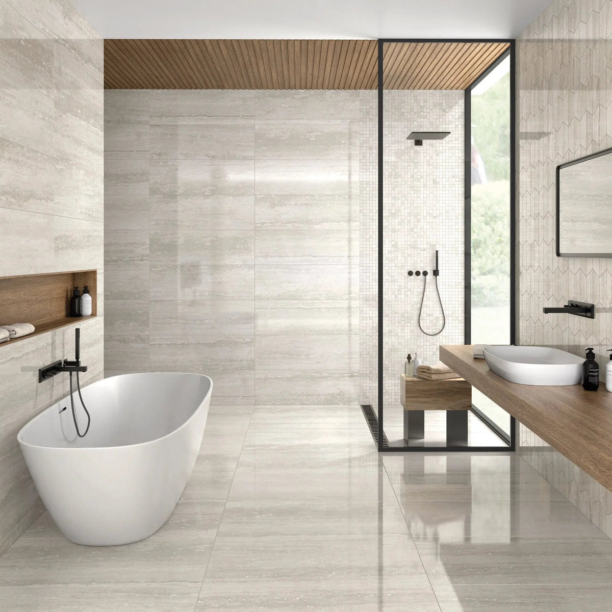 Pure Travertine Grey Gloss 30 x 60cm glazed ceramic stone effect tile room setting