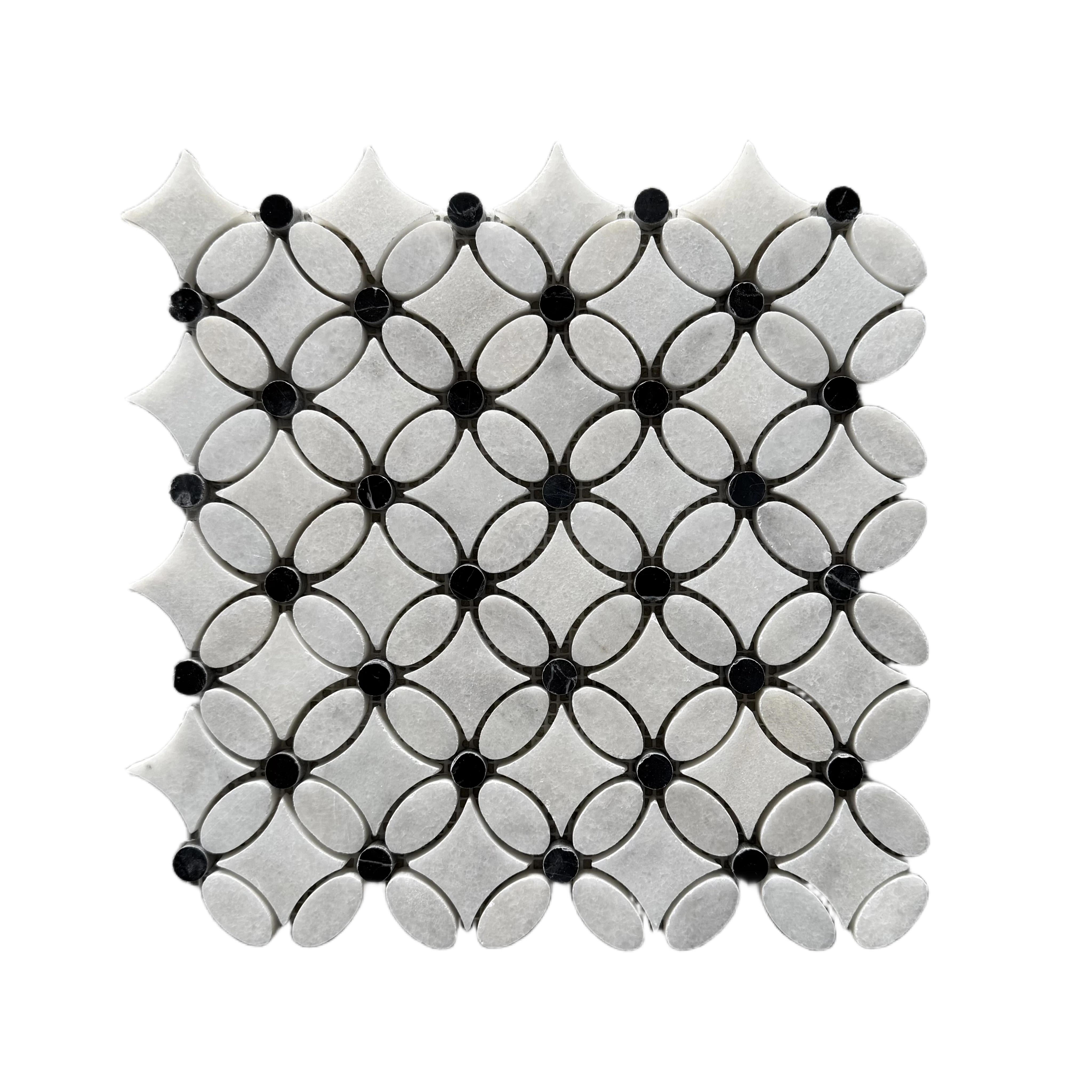 Full mesh-backed sheet of polished Carrara White marble flower mosaic with Nero Marquina black dot centres