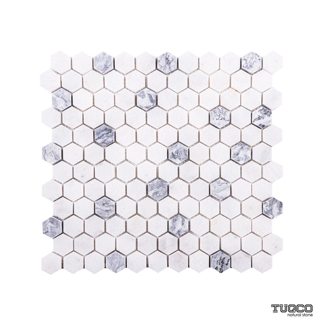 Full sheet of Carrara White and Platinum Grey honed marble hexagon mosaic showing the mix of white and grey stone