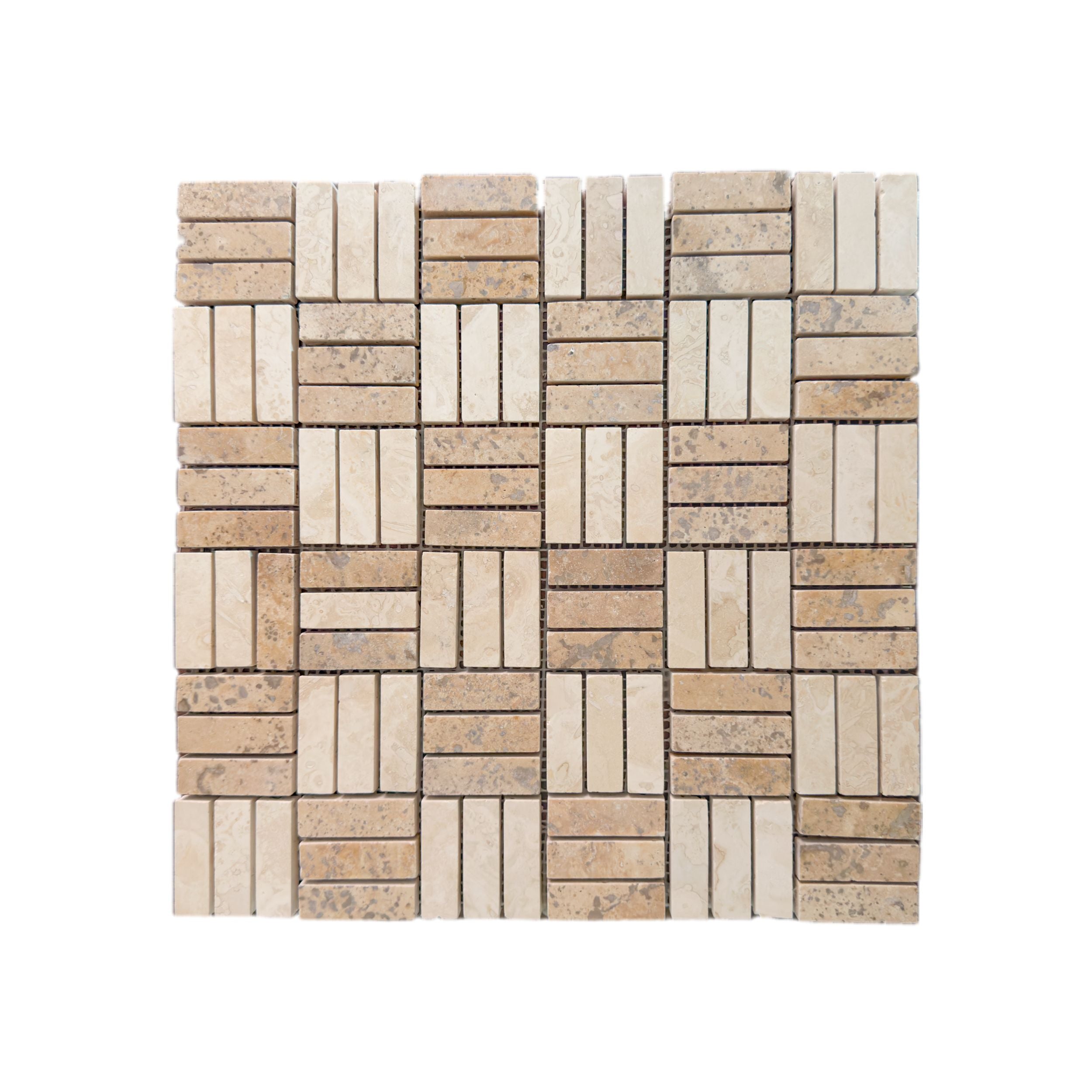 Full mesh-backed sheet of honed travertine Jenga mosaic in light cream and noche brown bars