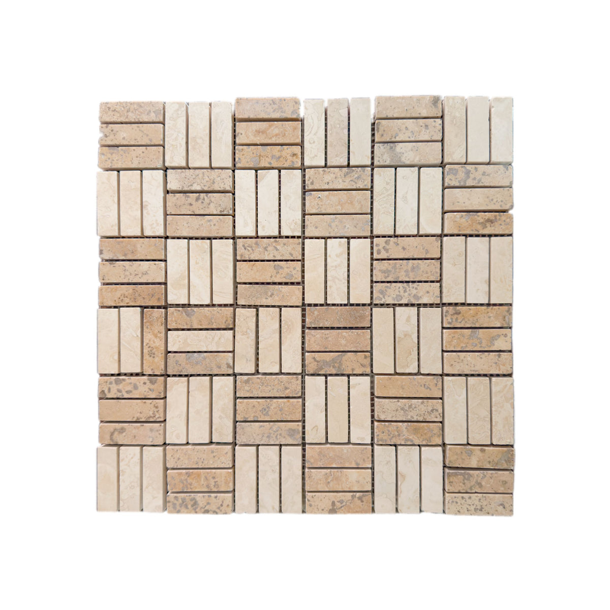 Full mesh-backed sheet of honed travertine Jenga mosaic in light cream and noche brown bars