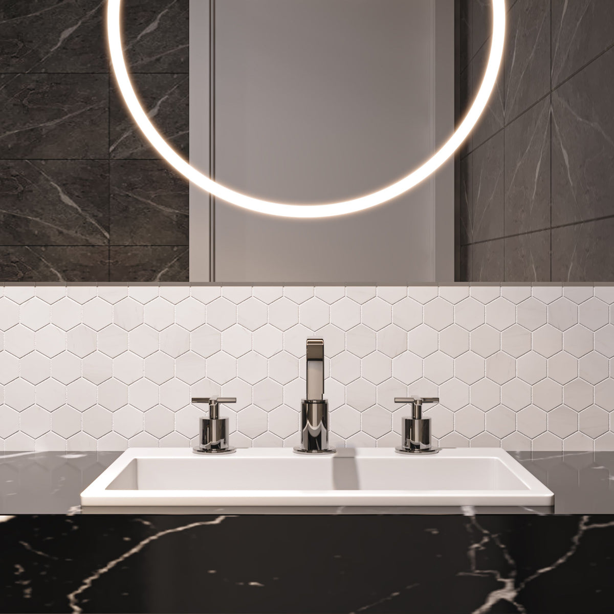 Close detail of polished Dolomite marble hexagons showing bright white tone and faint pale veining