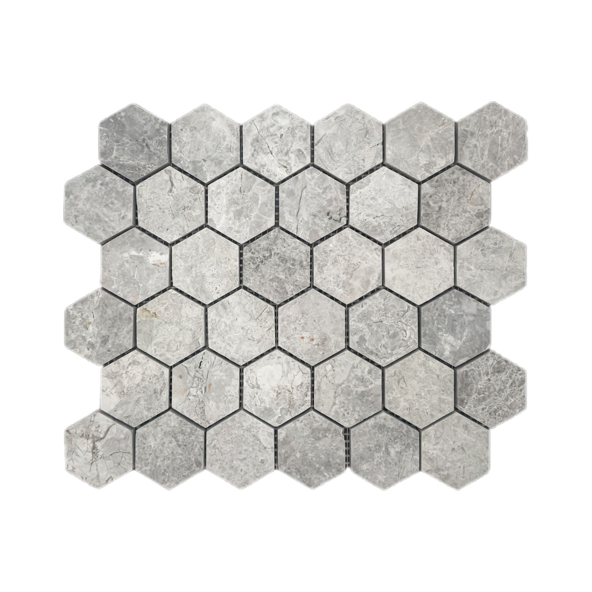 Full mesh-backed sheet of polished Silver Shadow grey marble two-inch hexagon mosaic