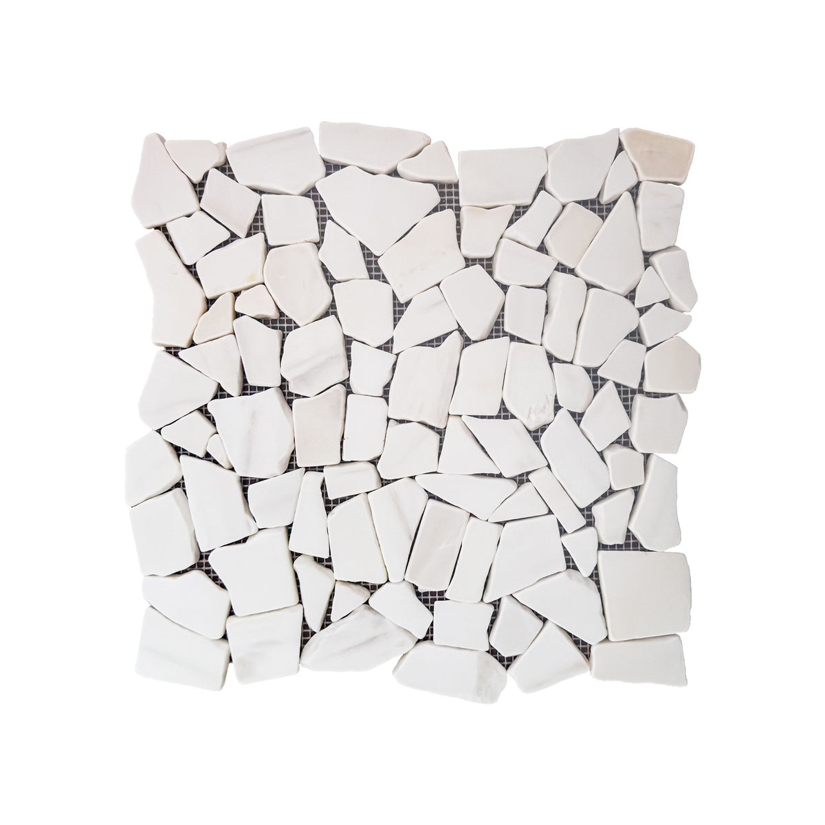 Full mesh-backed sheet of tumbled white dolomite marble pebble mosaic