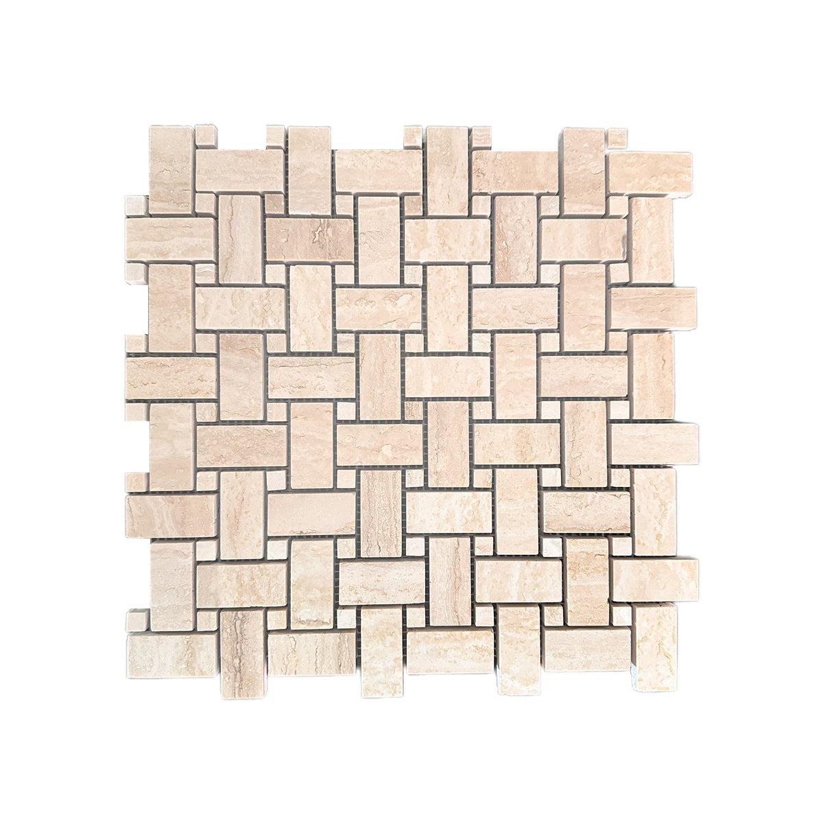 Classic polished travertine basket weave mosaic sheet in warm beige and cream