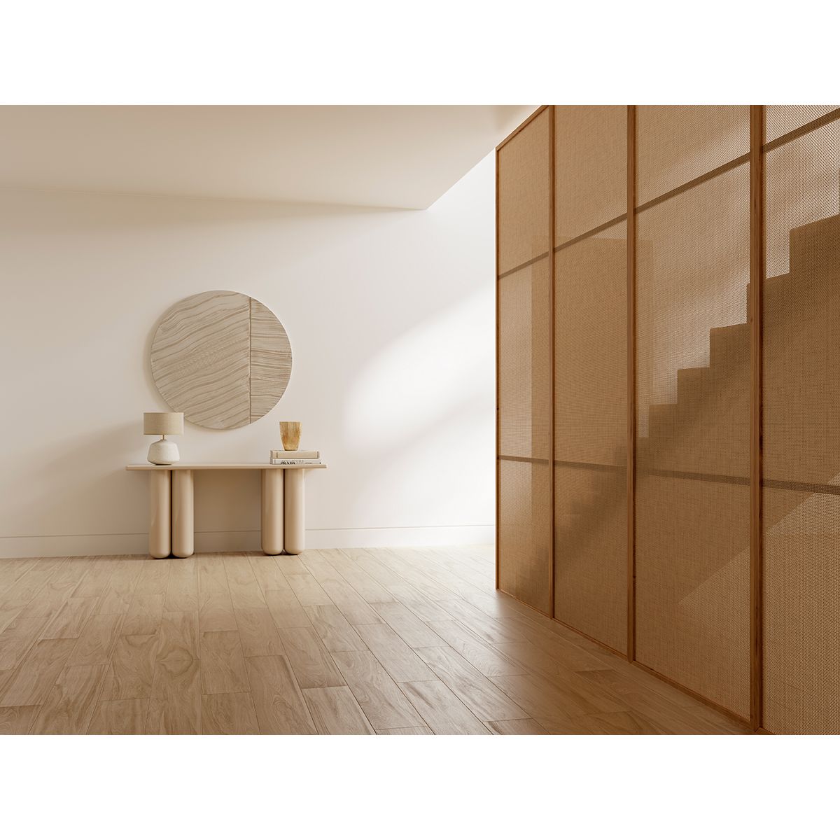 Minoli Aland Oak Wood Effect Porcelain Tile (20x120cm) in a hallway floor