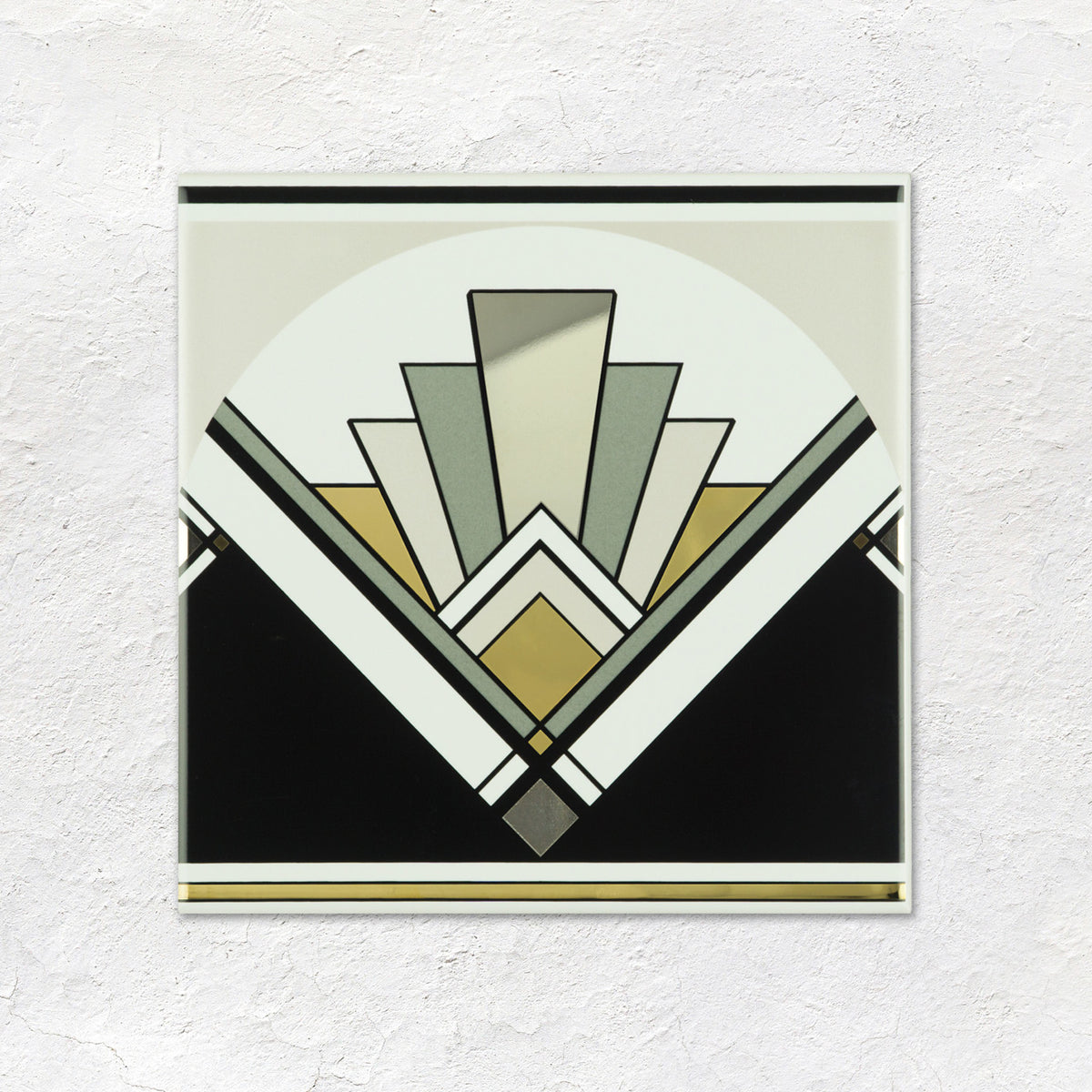 Art Deco Fan With Real Platinum and Gold on Brilliant White Ceramic Wall Tile 152x152mm - Metallic