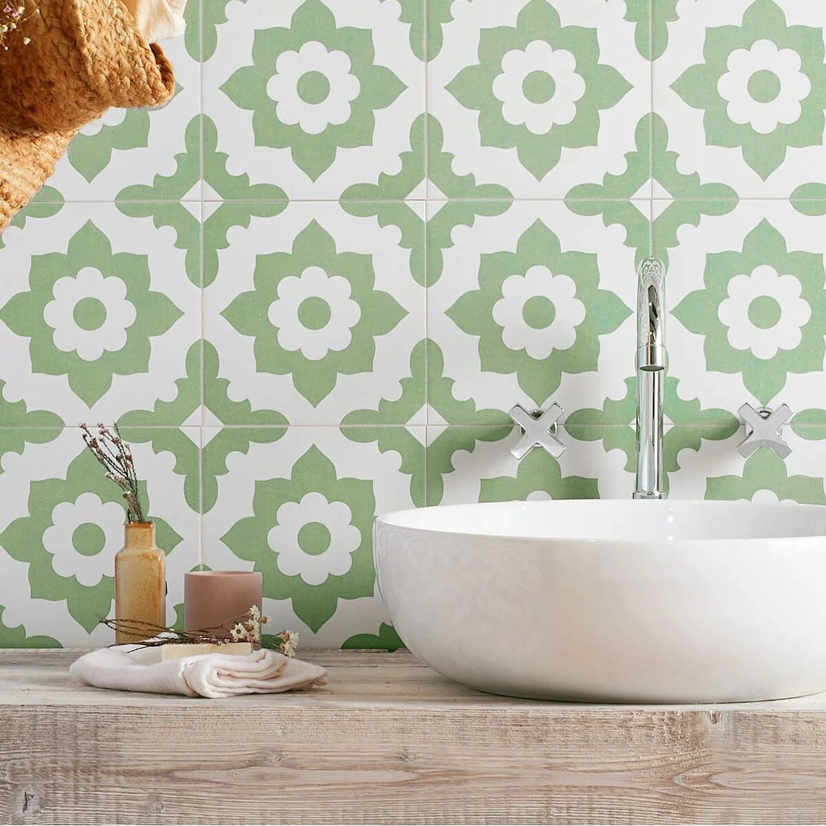 Bert & May Green Santona Porcelain in a bathroom setting (3)