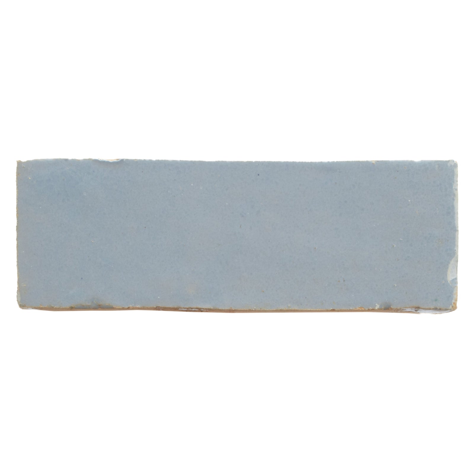 Medina cornflower blue rectangle handmade Moroccan zellige tile in matte light blue ceramic with earthy undertones and uneven edges