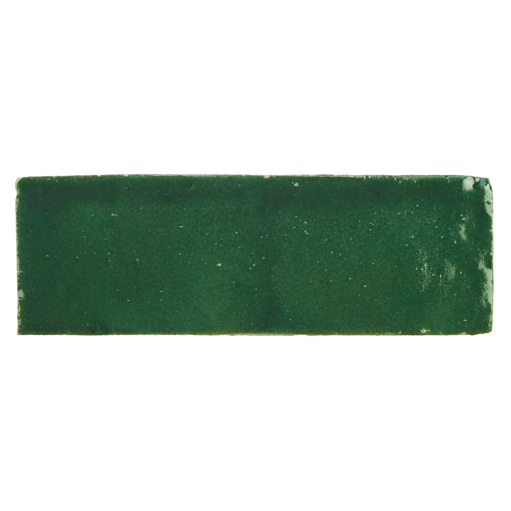 Medina moss green rectangle handmade Moroccan zellige tile with deep green color textured ceramic surface and white speckles