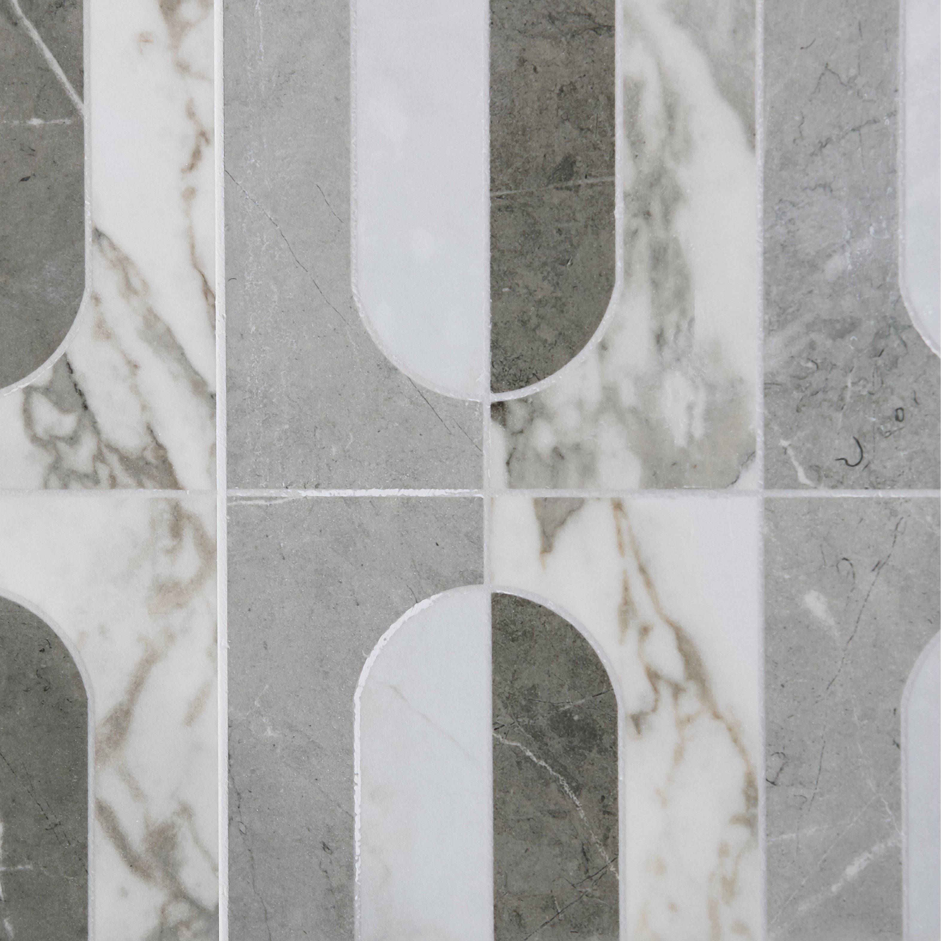Byzantine porcelain palation sculpted gray and white marble mosaic tile with modern geometric vertical strips and arched cutouts