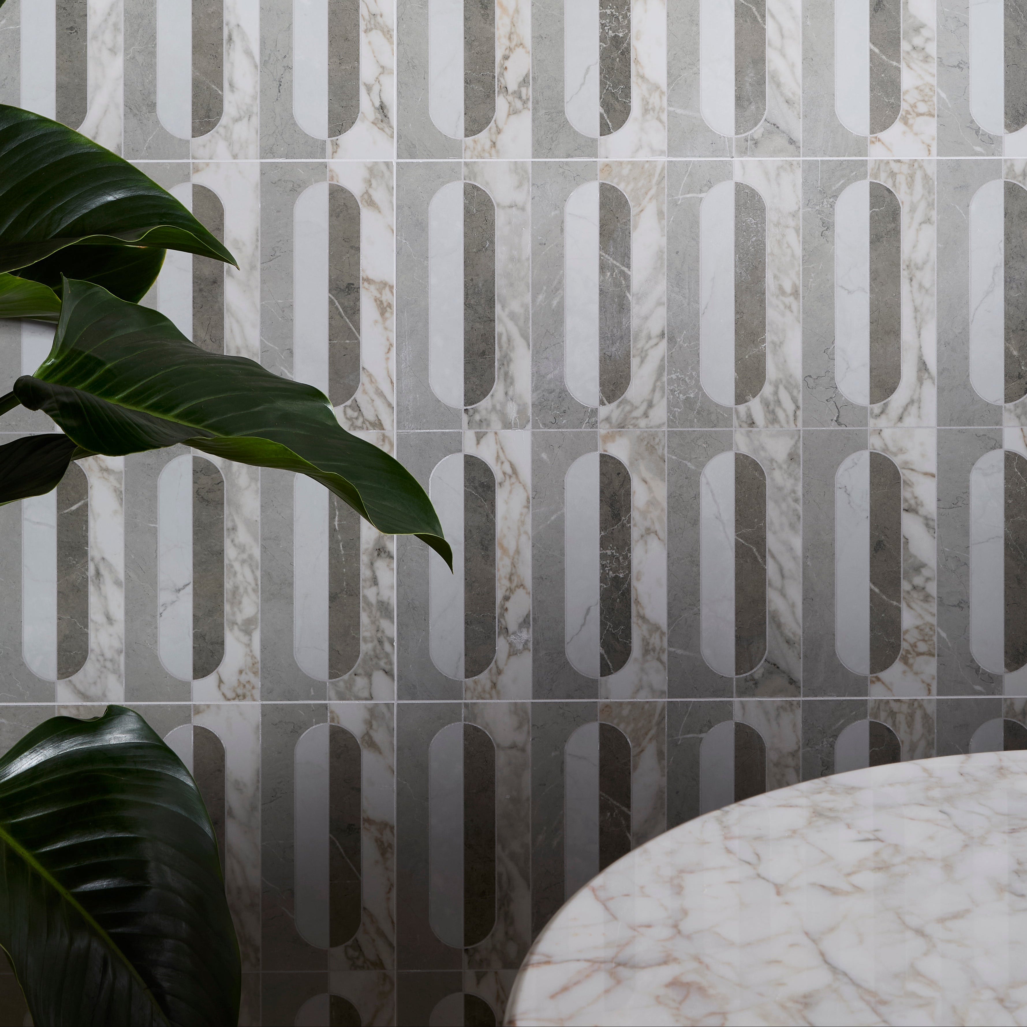 Byzantine porcelain palation sculpted gray and white marble-effect wall tiles with vertical oval cutouts