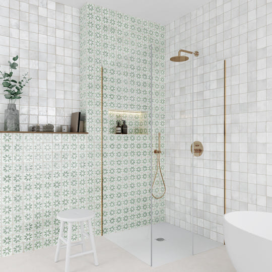 Dakota Flora Peppermint floral decor gloss wall tiles in a styled room