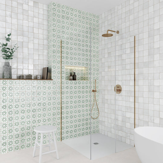 Dakota Flora Peppermint floral decor gloss wall tiles in a styled room