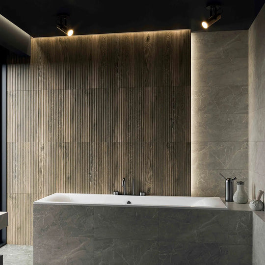 Drewno Brown Lines 29.8 x 59.8cm ceramic wood effect tile room setting