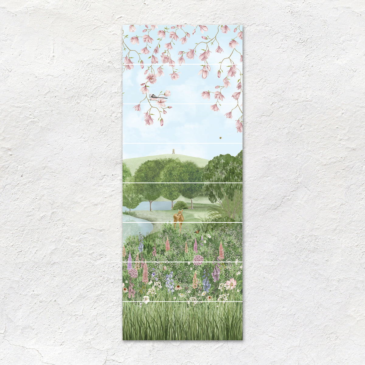 Rectangular wall art panel from English Garden decorative 8-tile set featuring pastel pink blossoms and green trees
