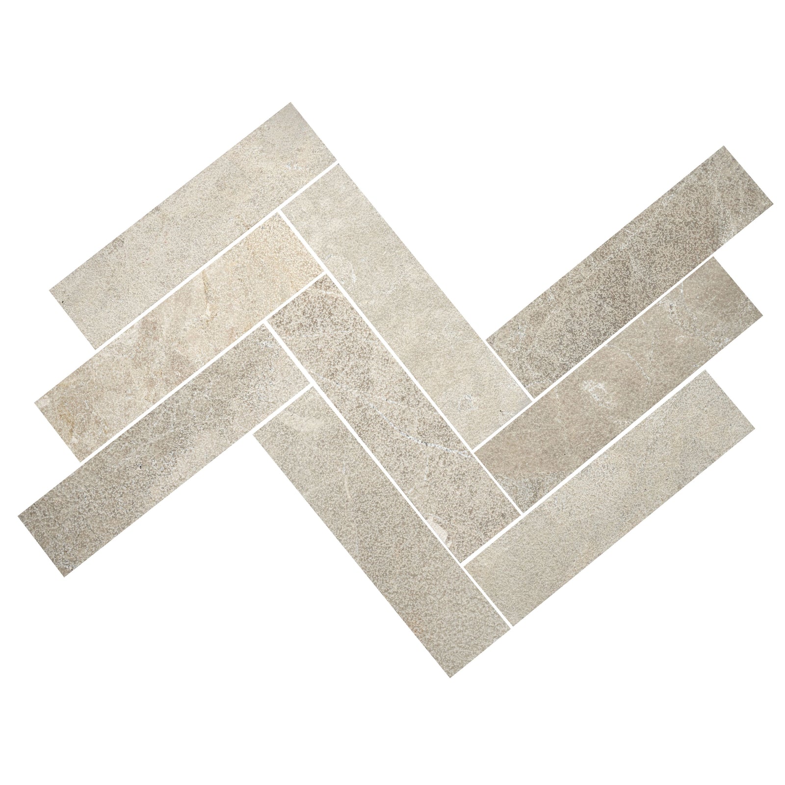 Enki limestone parquet velvet finish rectangular tiles with gray herringbone pattern and subtle textured finish
