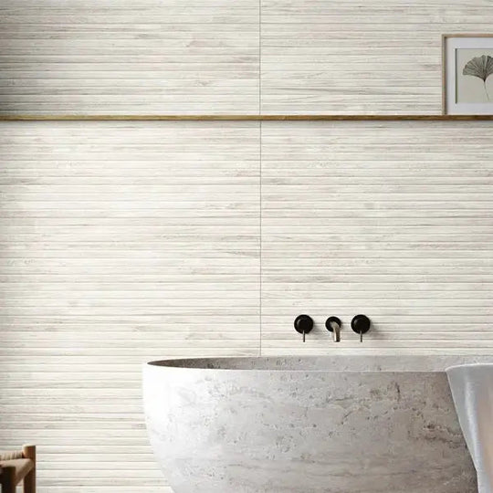 Hannover Wood Dorian White 33 x 100cm ceramic wood effect tile room setting