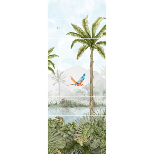 Tropical oasis decorative 8-tile set panel b with tropical jungle mural featuring palm tree parrot and green foliage in watercolor