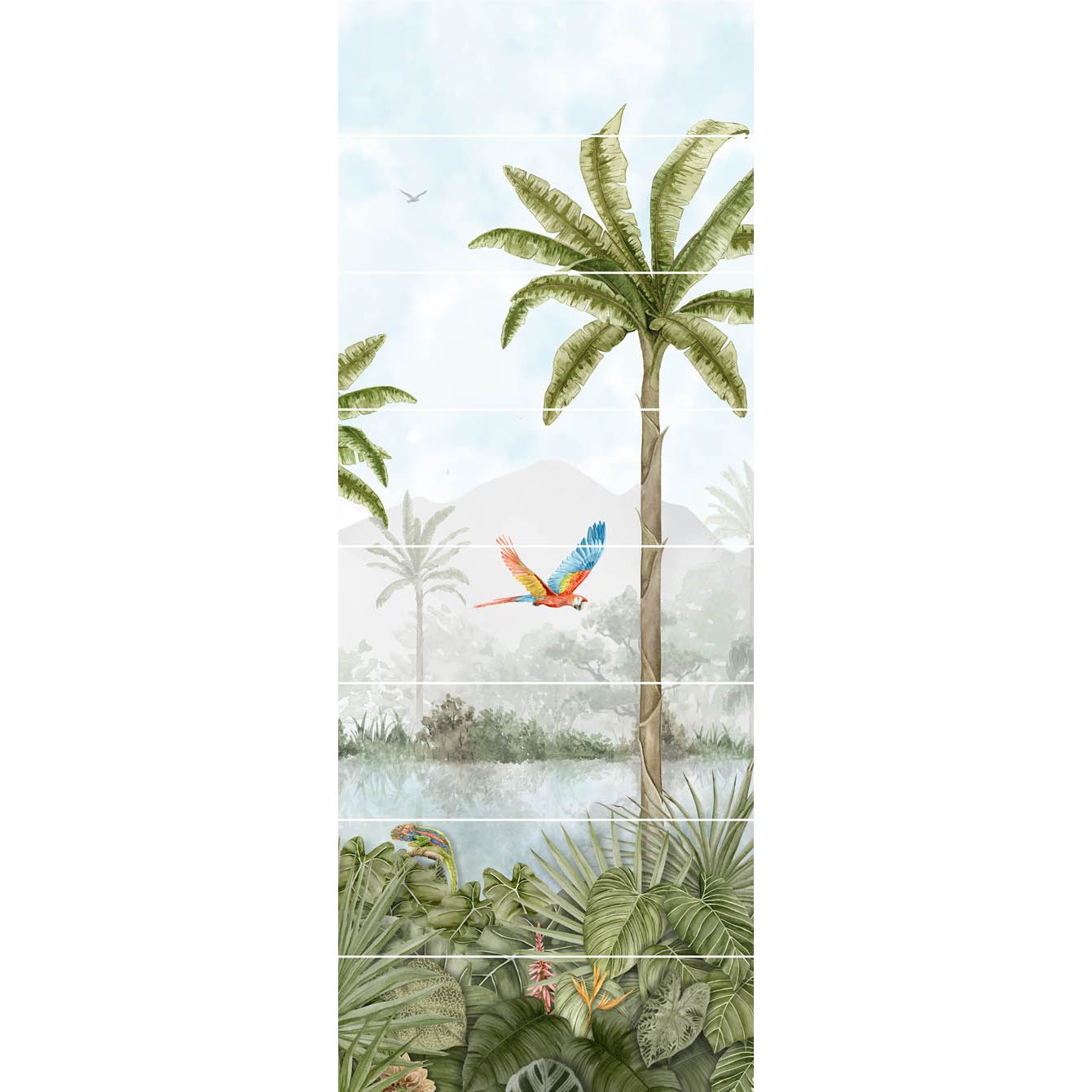 Tropical oasis decorative 8-tile set panel b with tropical jungle mural featuring palm tree parrot and green foliage in watercolor