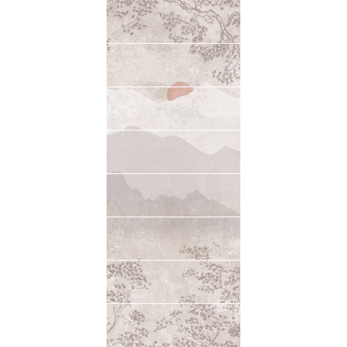 Eastern mist decorative 8-tile ceramic panel with muted tones and east asian ink-wash landscape design