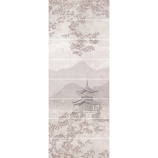 Eastern mist decorative 8-tile set panel b features a delicate monochromatic wallpaper panel with east asian pagoda and misty mountains