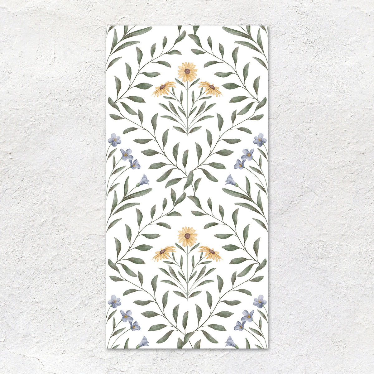 A rectangular white arts & crafts flora blue 60x30cm wall tile with delicate watercolor floral pattern in green yellow and purple