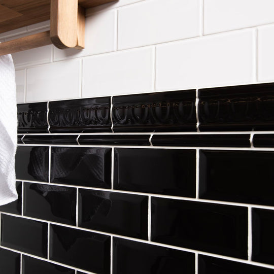 Jet Black Astragal Moulding Ceramic Wall Tile 152x21mm - alternate view