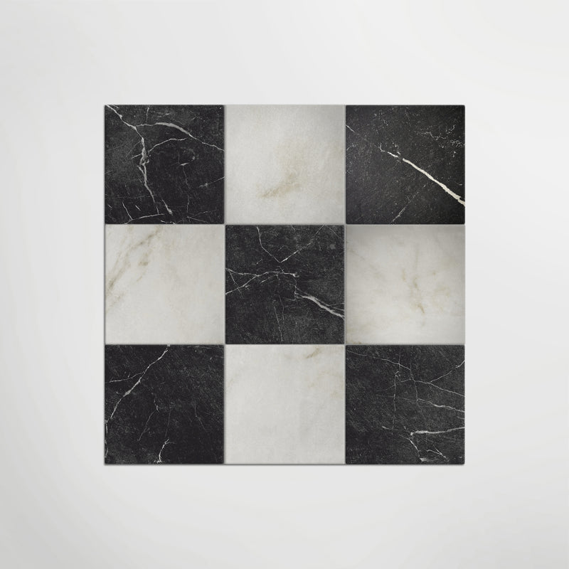 Antique Marble Calacatta Oro and Nero Marquina Chequer Marble Effect Porcelain. Matt 30 x 30cm Wall & Floor Tile in a room setting