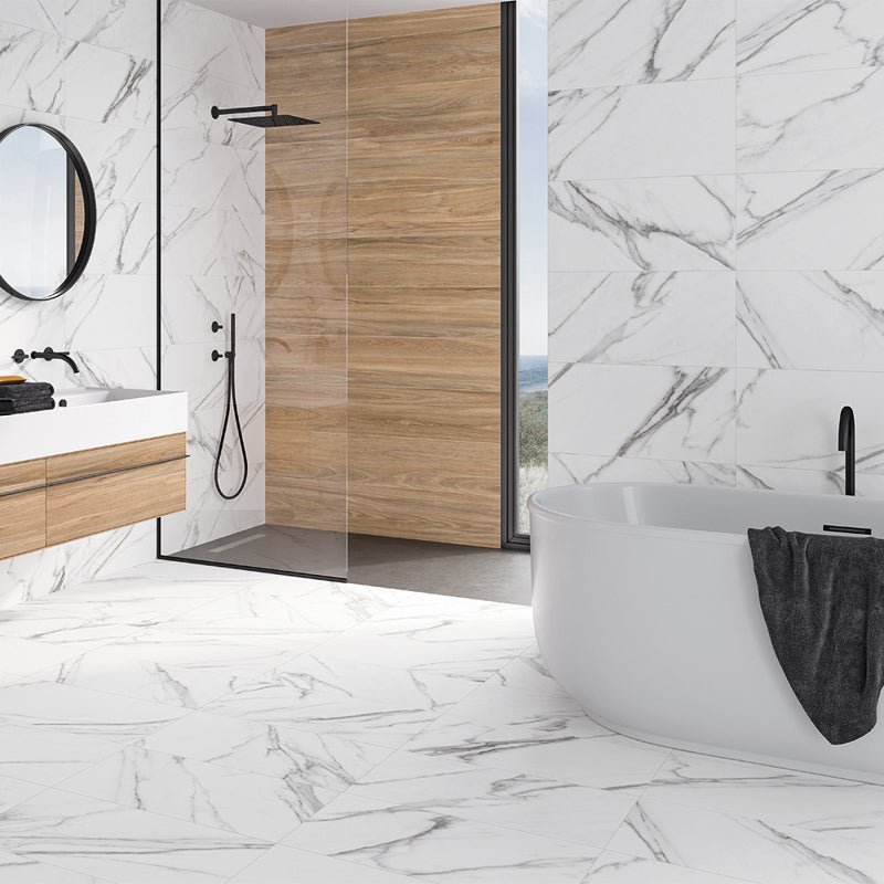 Aston White Honed 30 x 60cm Wall & Floor Tile in a room setting