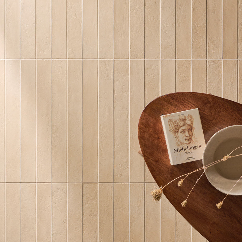 Calcetta Biscuit Matt 7.5 x 60cm Wall & Floor Tile in a room setting
