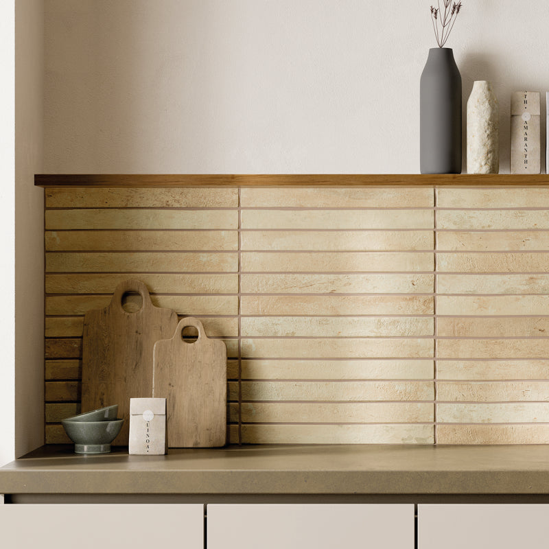 Chiswick Sand Matt 5 x 45cm Wall Tile in a room setting