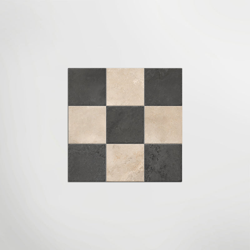 Med Stone Dor And Menfi Chequer Matt 20 x 20cm Wall & Floor Tile in a room setting
