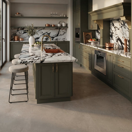 Milan Taupe Matt 100 x 100cm Wall & Floor Tile in a room setting