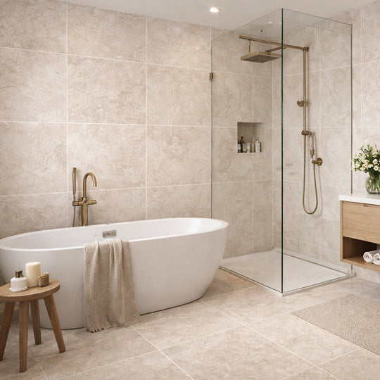 Palace White Honed 60 x 60cm Wall & Floor Tile in a room setting