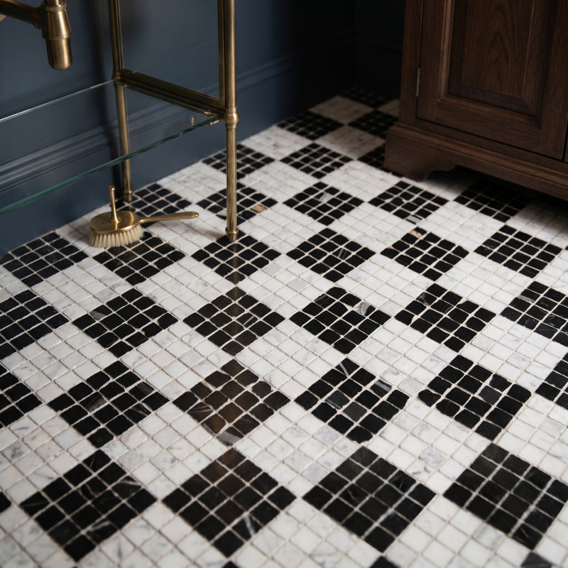 Roman Bianco Carrara Mosaic Honed 30 x 30cm Wall & Floor Tile in a room setting