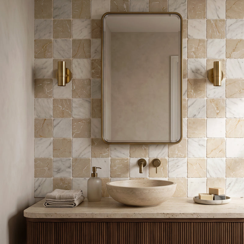 Roman Botticino Squares Tumbled 10 x 10cm Wall & Floor Tile in a room setting