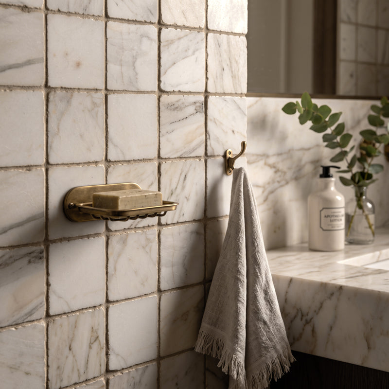 Roman Calacatta Gold Squares Tumbled 10 x 10cm Wall & Floor Tile in a room setting