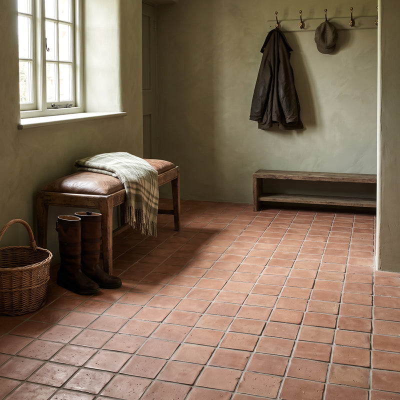 Spanish Handmade Terracotta Natural 20 x 20cm Floor Tile in a room setting