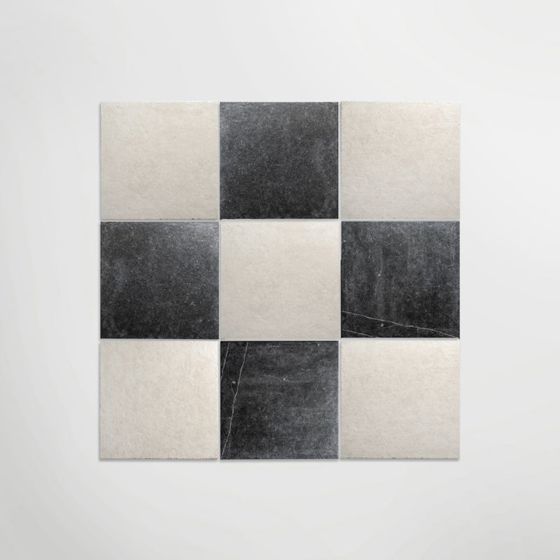 Venetian Black And White Chequer Matt 20 x 20cm Wall & Floor Tile in a room setting