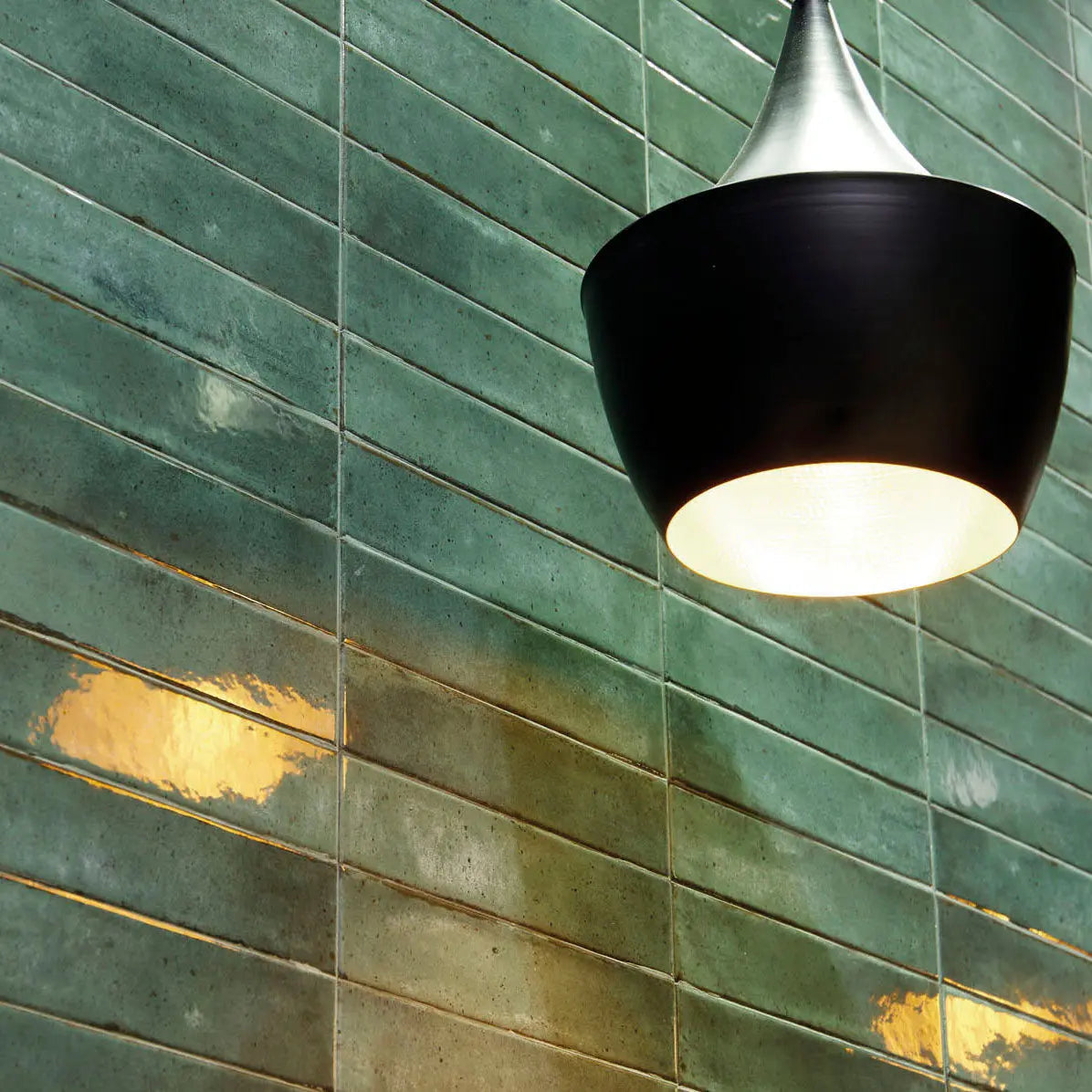 Lisbon Green Jade Shine green ceramic brick tiles in a bar setting